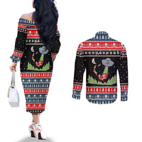 Alien Christmas Couples Matching Off The Shoulder Long Sleeve Dress and Long Sleeve Button Shirt Xmas Holiday Patterns - Wonder Print Shop