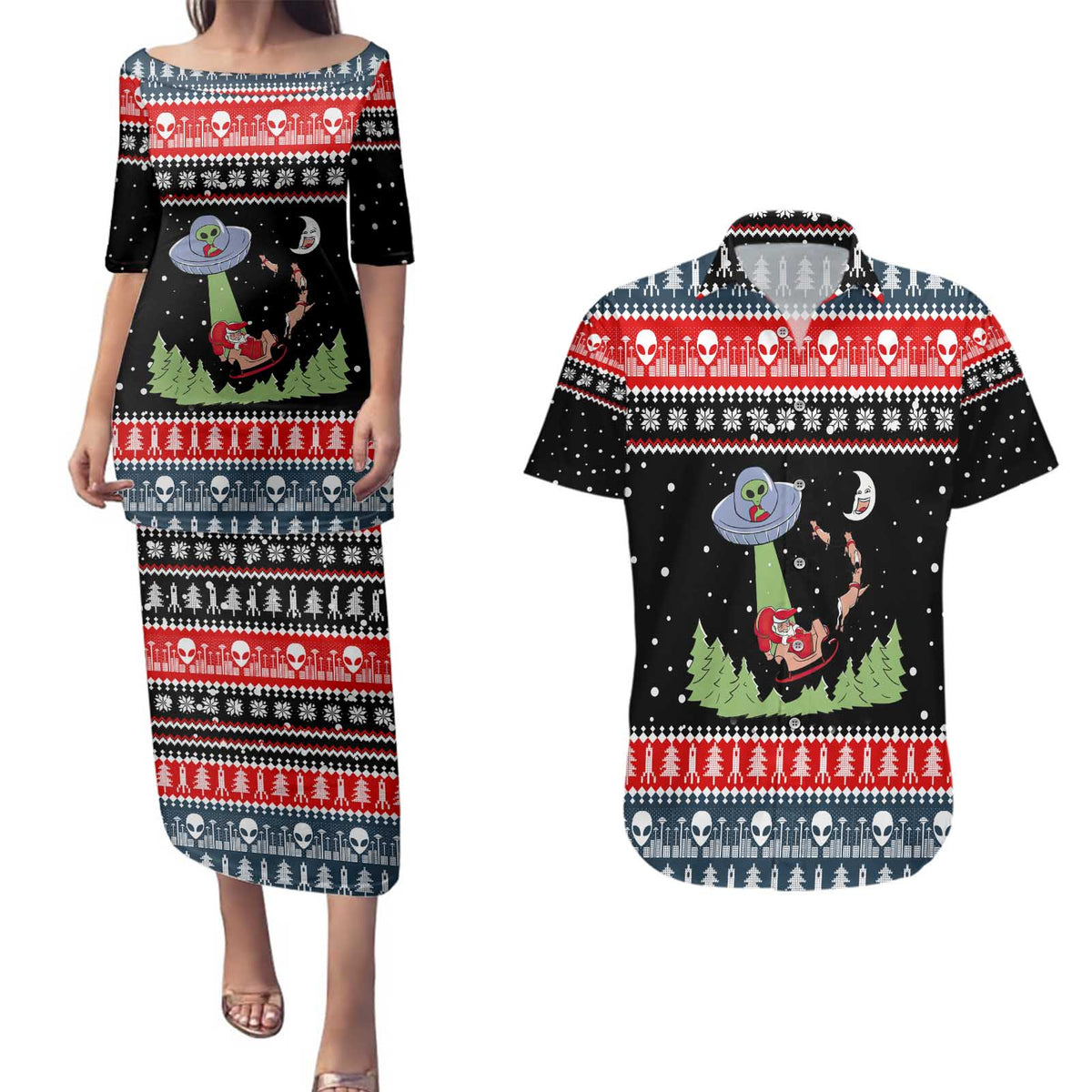 Alien Christmas Couples Matching Puletasi and Hawaiian Shirt Xmas Holiday Patterns - Wonder Print Shop