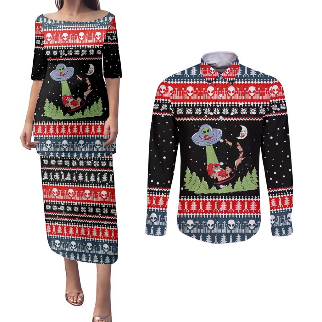 Alien Christmas Couples Matching Puletasi and Long Sleeve Button Shirt Xmas Holiday Patterns - Wonder Print Shop