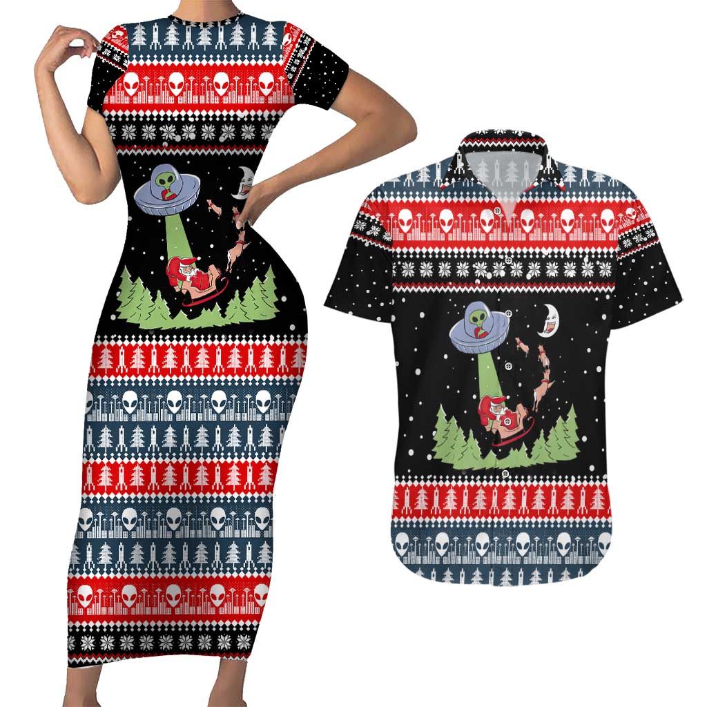 Alien Christmas Couples Matching Short Sleeve Bodycon Dress and Hawaiian Shirt Xmas Holiday Patterns - Wonder Print Shop