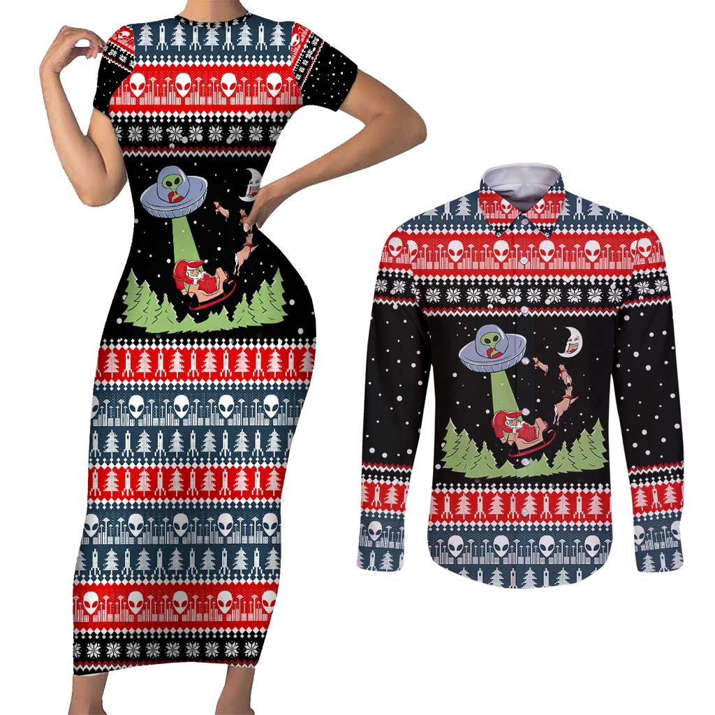 Alien Christmas Couples Matching Short Sleeve Bodycon Dress and Long Sleeve Button Shirt Xmas Holiday Patterns - Wonder Print Shop