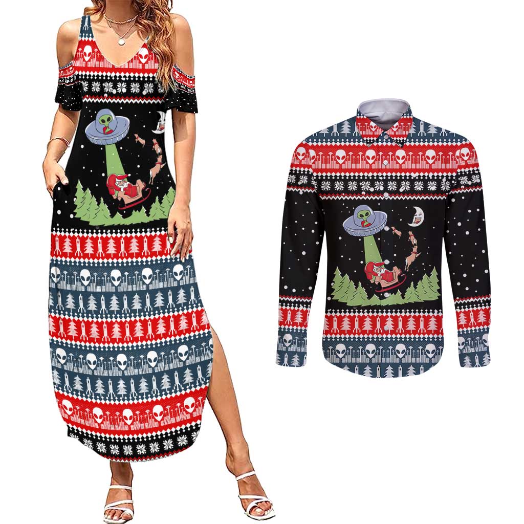 Alien Christmas Couples Matching Summer Maxi Dress and Long Sleeve Button Shirt Xmas Holiday Patterns - Wonder Print Shop