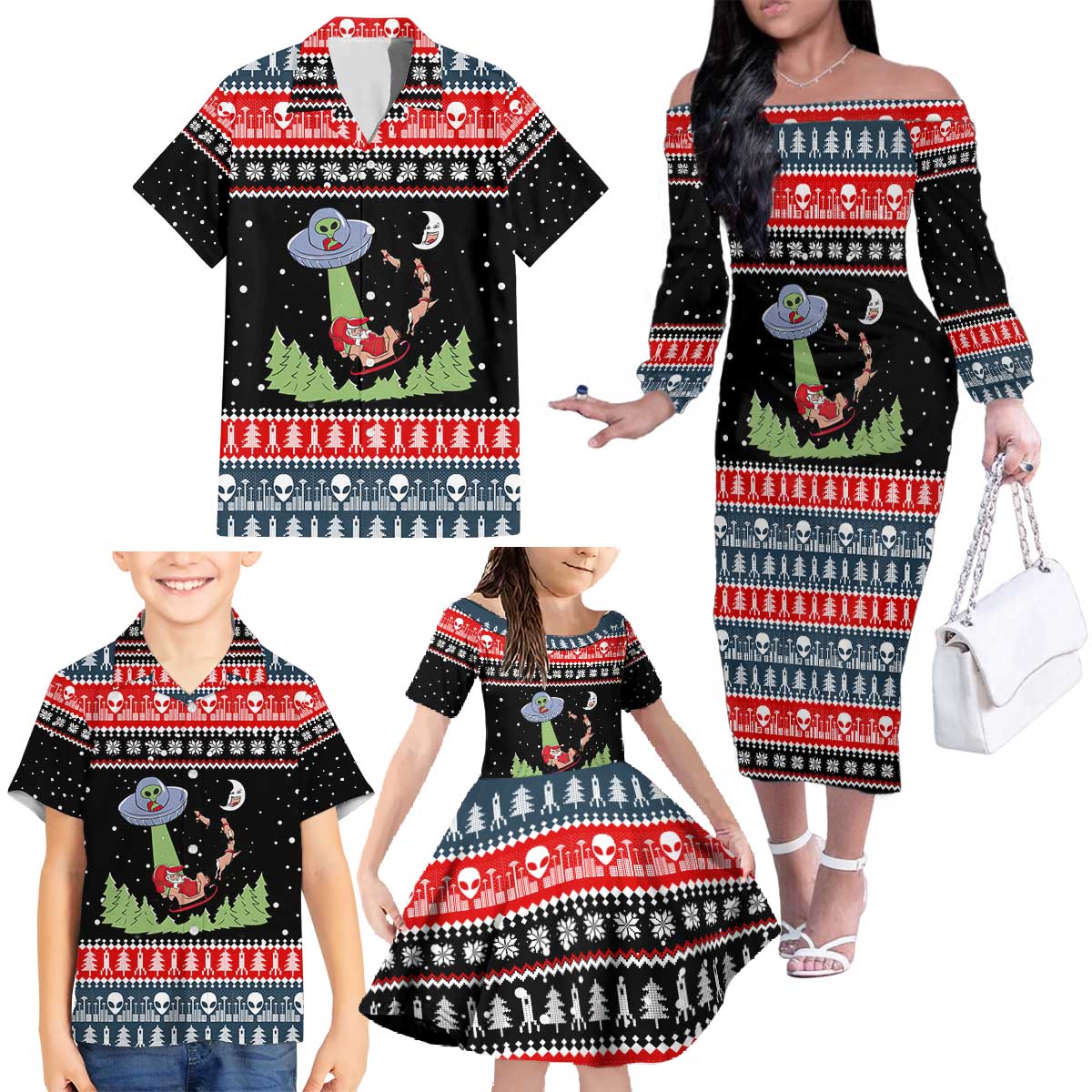 Alien Christmas Family Matching Off The Shoulder Long Sleeve Dress and Hawaiian Shirt Xmas Holiday Patterns - Wonder Print Shop