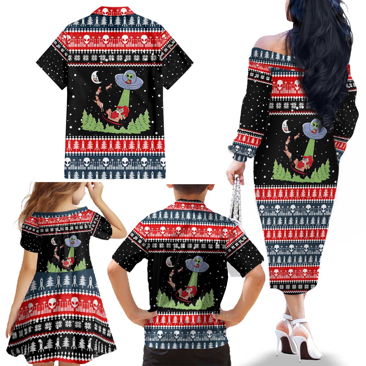 Alien Christmas Family Matching Off The Shoulder Long Sleeve Dress and Hawaiian Shirt Xmas Holiday Patterns - Wonder Print Shop