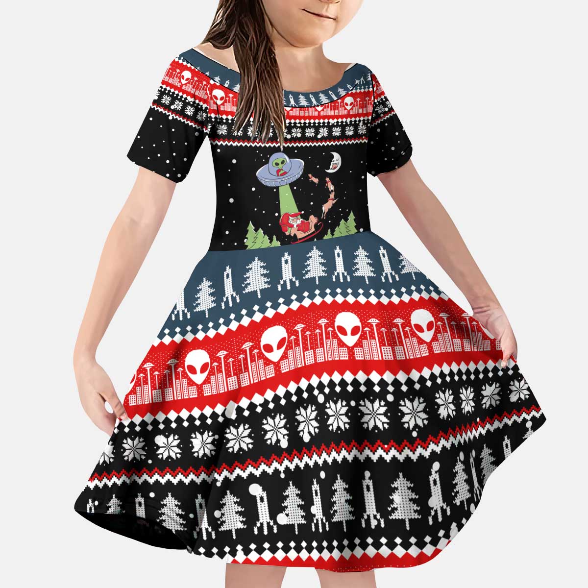 Alien Christmas Kid Short Sleeve Dress Xmas Holiday Patterns - Wonder Print Shop
