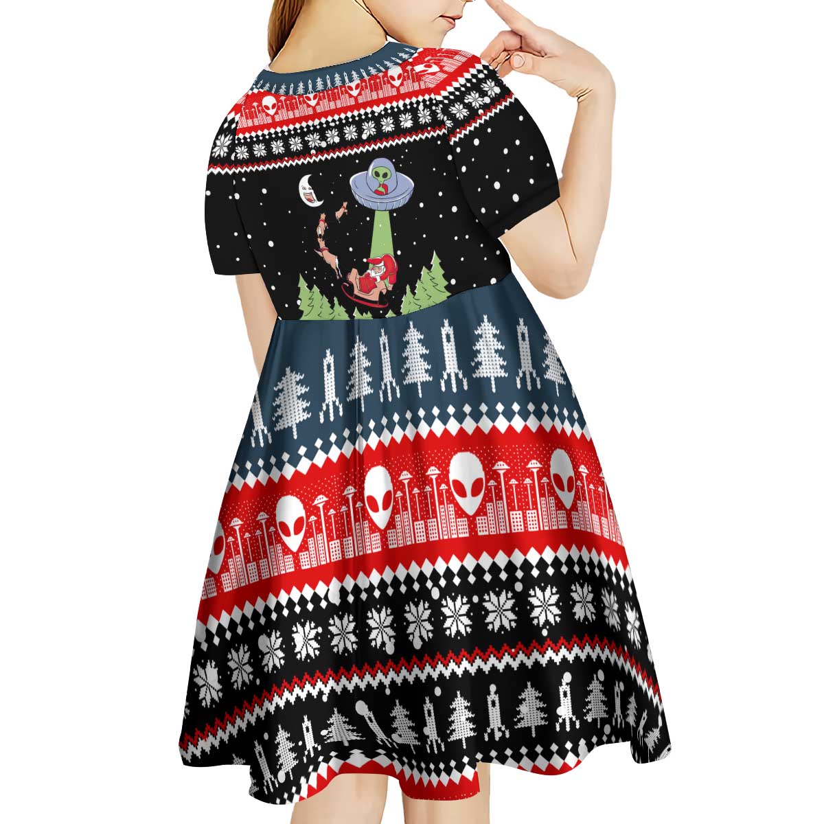 Alien Christmas Kid Short Sleeve Dress Xmas Holiday Patterns - Wonder Print Shop