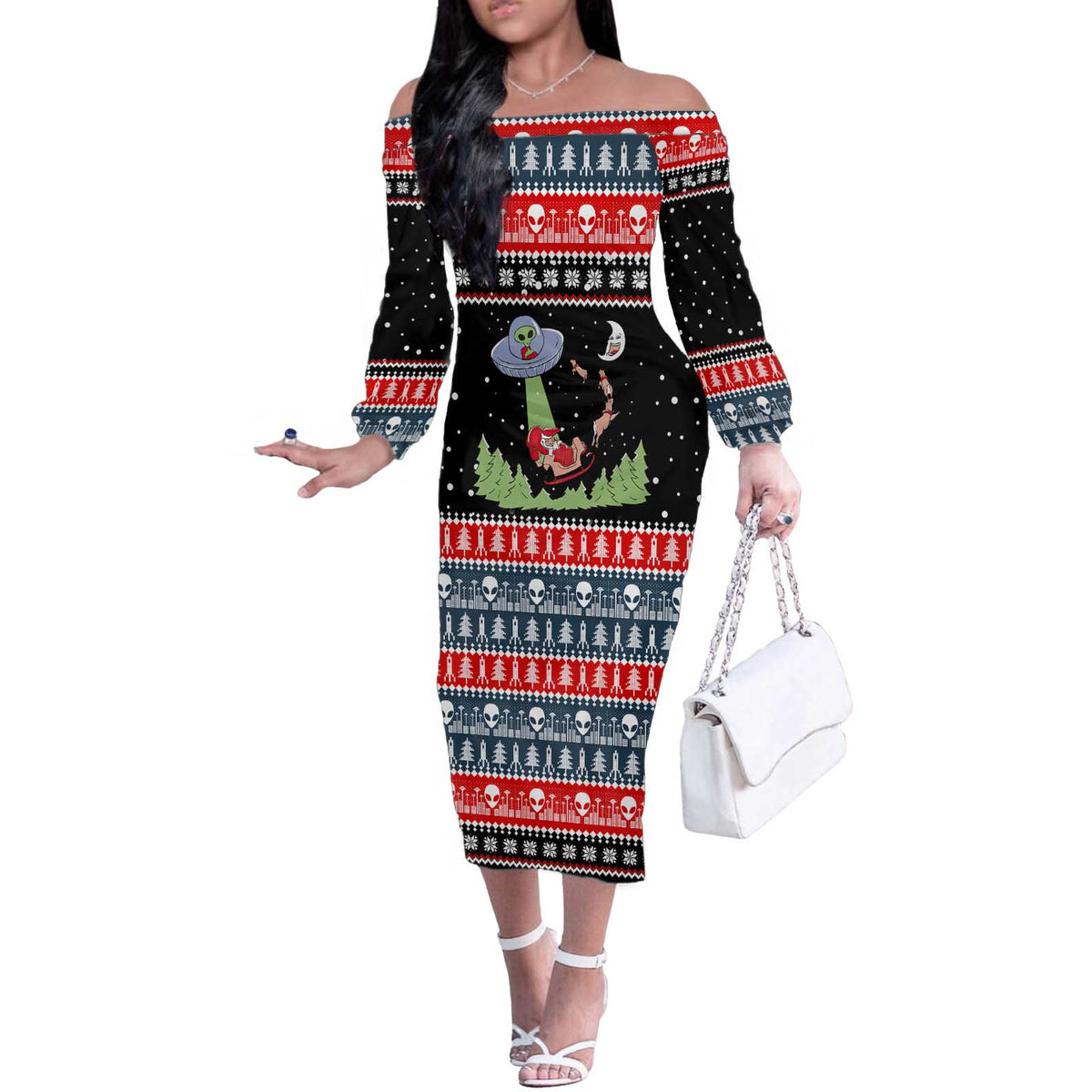 Alien Christmas Off The Shoulder Long Sleeve Dress Xmas Holiday Patterns - Wonder Print Shop