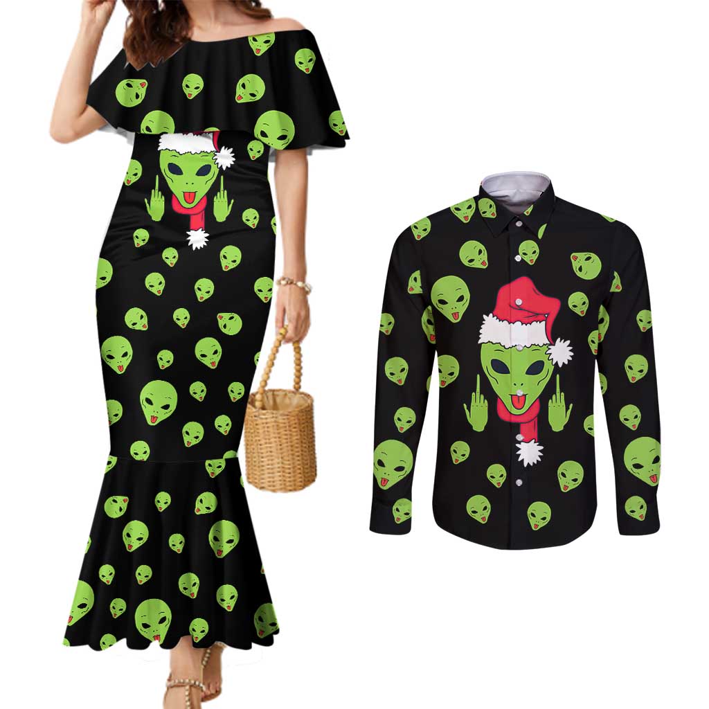 Alien Christmas Couples Matching Mermaid Dress and Long Sleeve Button Shirt Xmas Holiday Patterns - Wonder Print Shop