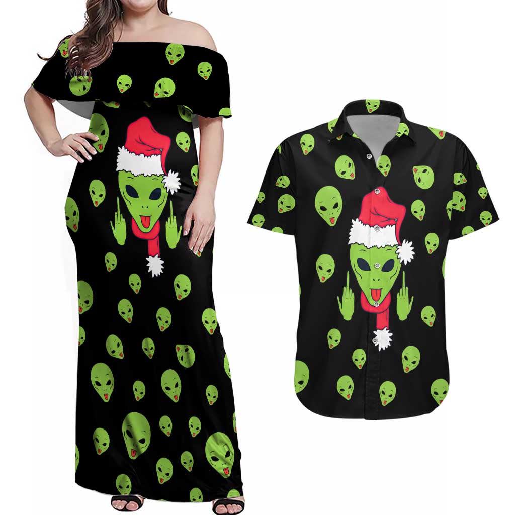 Alien Christmas Couples Matching Off Shoulder Maxi Dress and Hawaiian Shirt Xmas Holiday Patterns - Wonder Print Shop