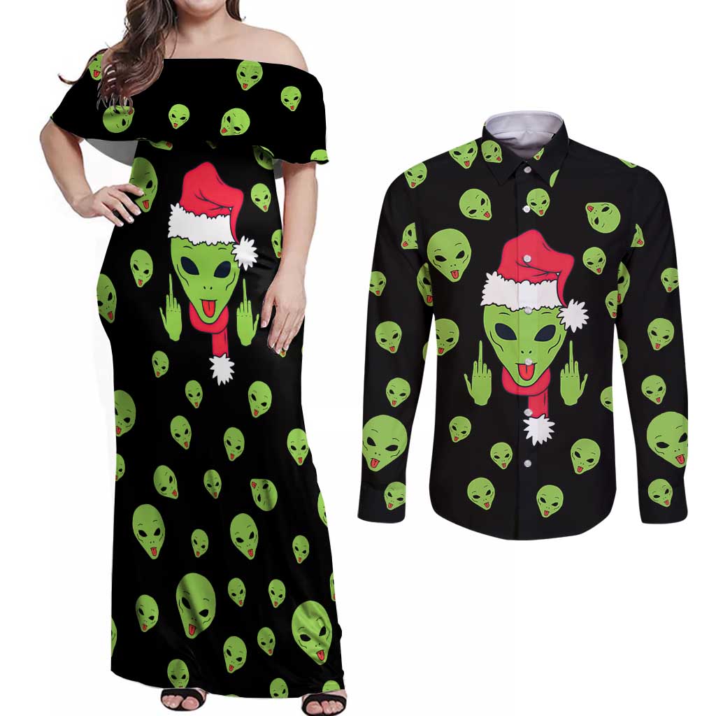 Alien Christmas Couples Matching Off Shoulder Maxi Dress and Long Sleeve Button Shirt Xmas Holiday Patterns - Wonder Print Shop
