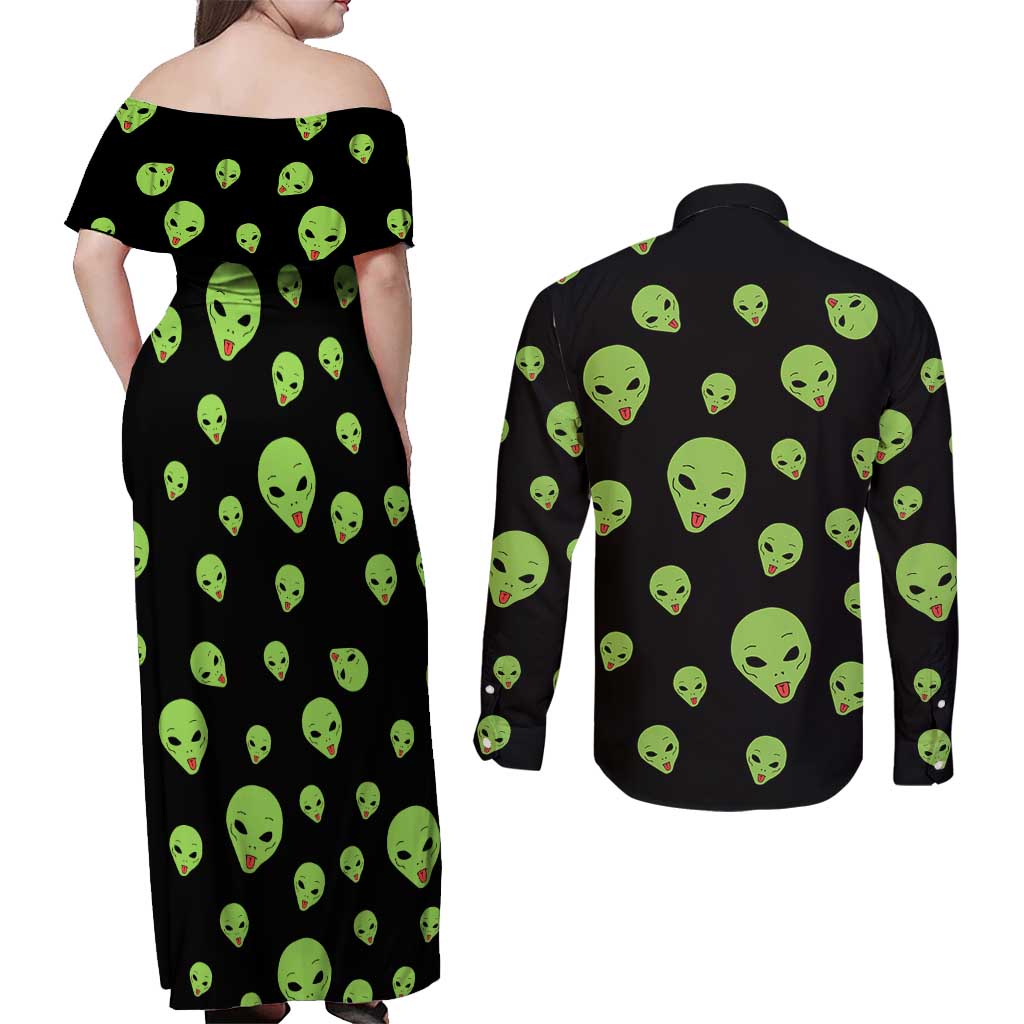 Alien Christmas Couples Matching Off Shoulder Maxi Dress and Long Sleeve Button Shirt Xmas Holiday Patterns - Wonder Print Shop