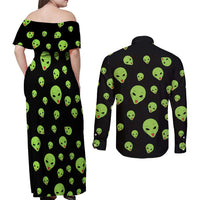 Alien Christmas Couples Matching Off Shoulder Maxi Dress and Long Sleeve Button Shirt Xmas Holiday Patterns - Wonder Print Shop