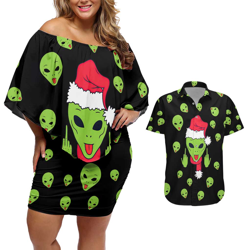 Alien Christmas Couples Matching Off Shoulder Short Dress and Hawaiian Shirt Xmas Holiday Patterns - Wonder Print Shop