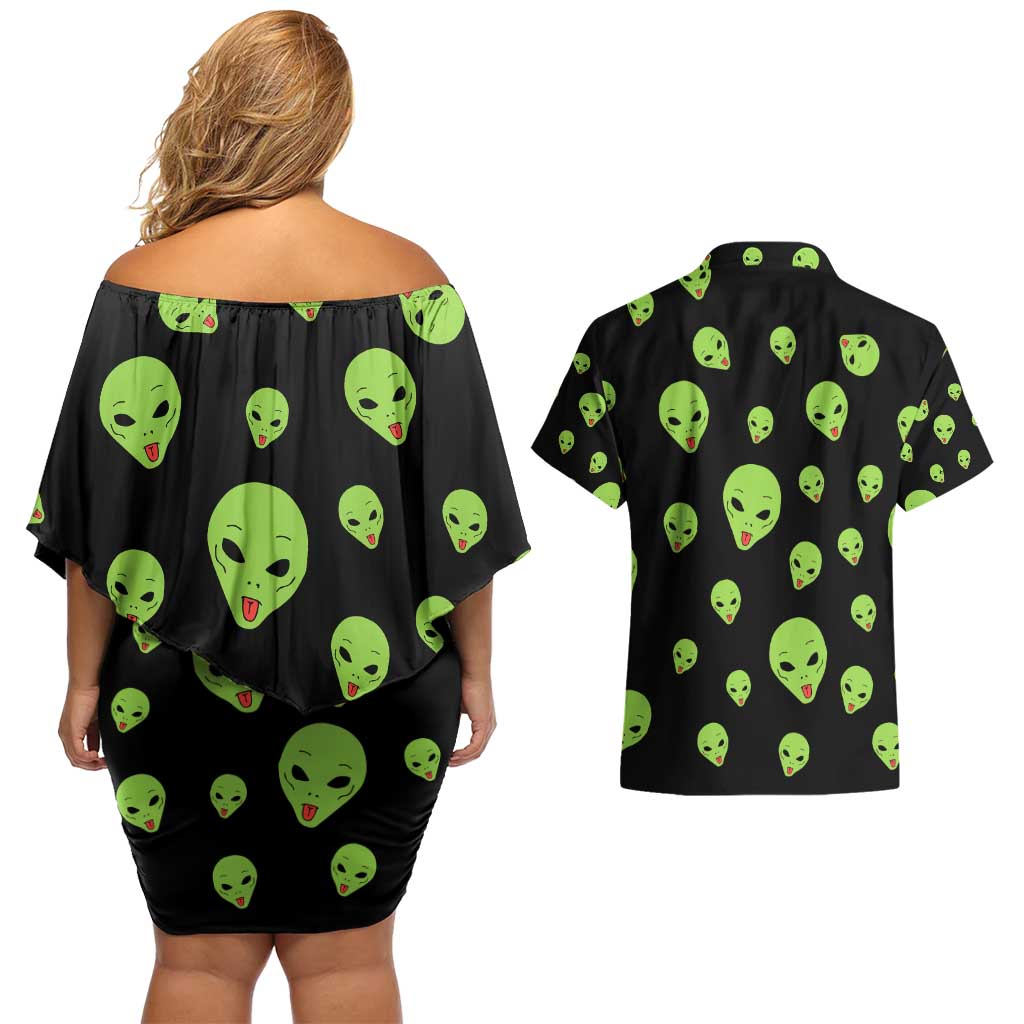 Alien Christmas Couples Matching Off Shoulder Short Dress and Hawaiian Shirt Xmas Holiday Patterns - Wonder Print Shop