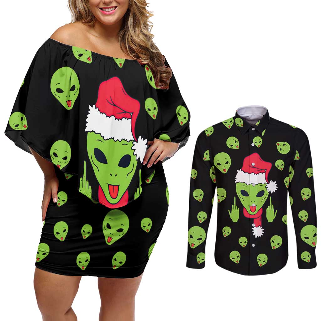 Alien Christmas Couples Matching Off Shoulder Short Dress and Long Sleeve Button Shirt Xmas Holiday Patterns - Wonder Print Shop