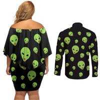 Alien Christmas Couples Matching Off Shoulder Short Dress and Long Sleeve Button Shirt Xmas Holiday Patterns - Wonder Print Shop