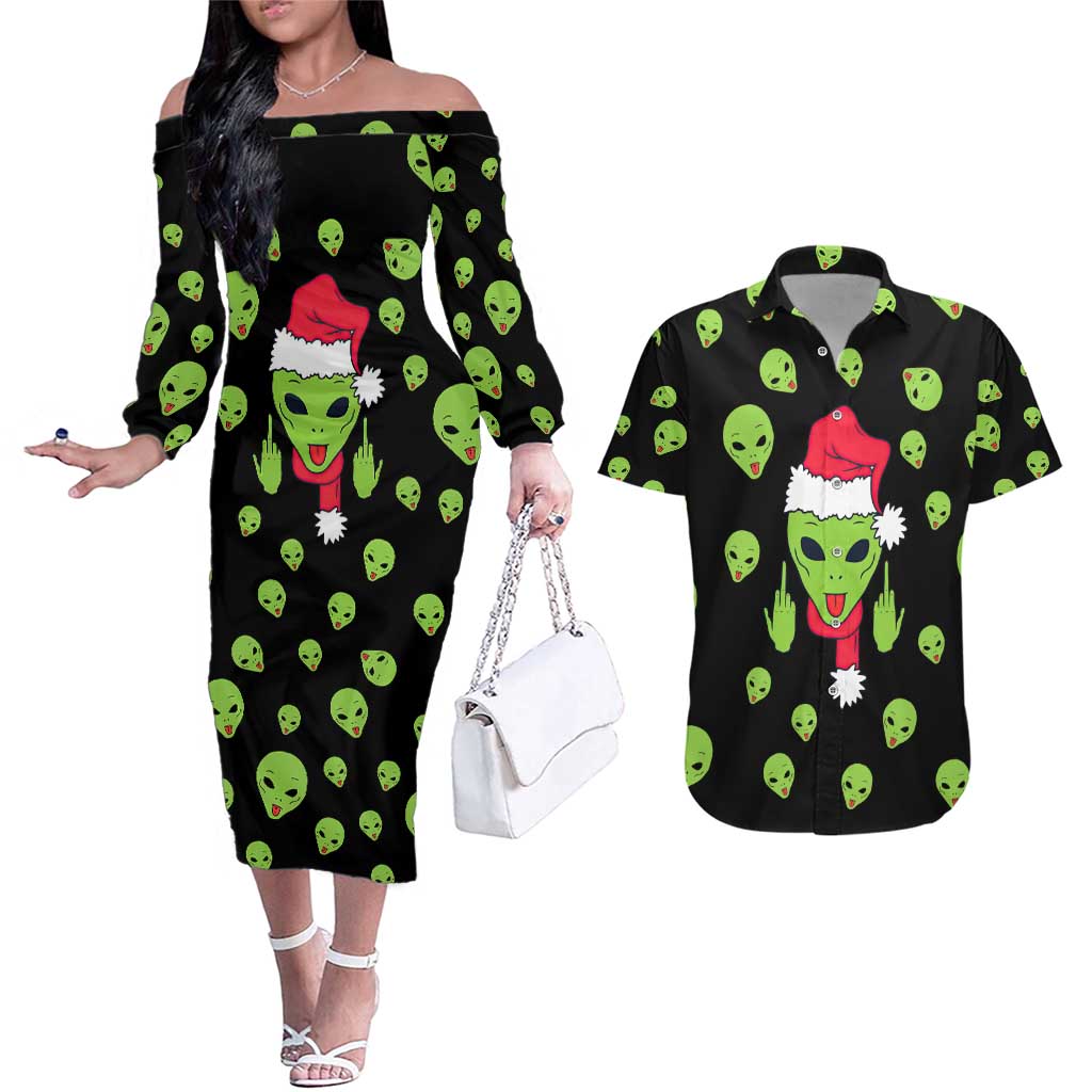 Alien Christmas Couples Matching Off The Shoulder Long Sleeve Dress and Hawaiian Shirt Xmas Holiday Patterns - Wonder Print Shop