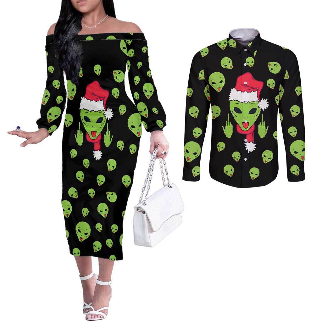Alien Christmas Couples Matching Off The Shoulder Long Sleeve Dress and Long Sleeve Button Shirt Xmas Holiday Patterns - Wonder Print Shop