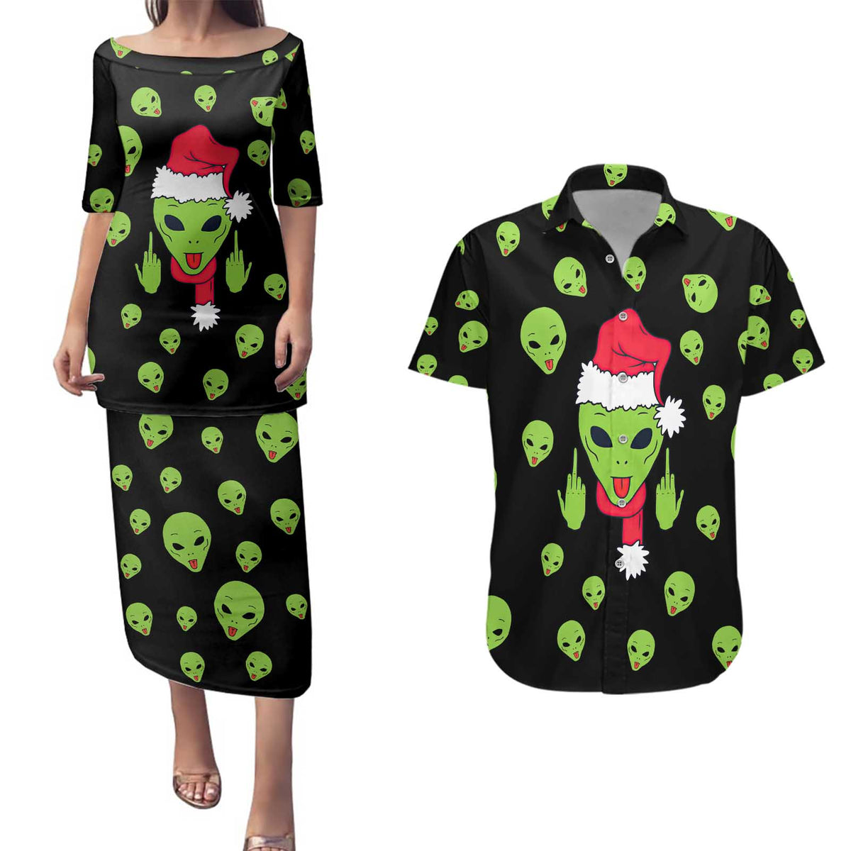 Alien Christmas Couples Matching Puletasi and Hawaiian Shirt Xmas Holiday Patterns - Wonder Print Shop