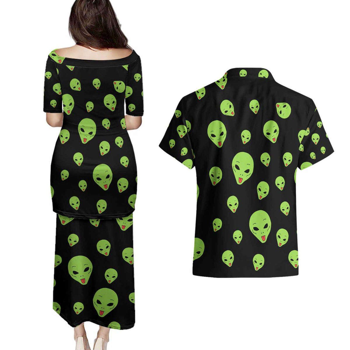 Alien Christmas Couples Matching Puletasi and Hawaiian Shirt Xmas Holiday Patterns - Wonder Print Shop
