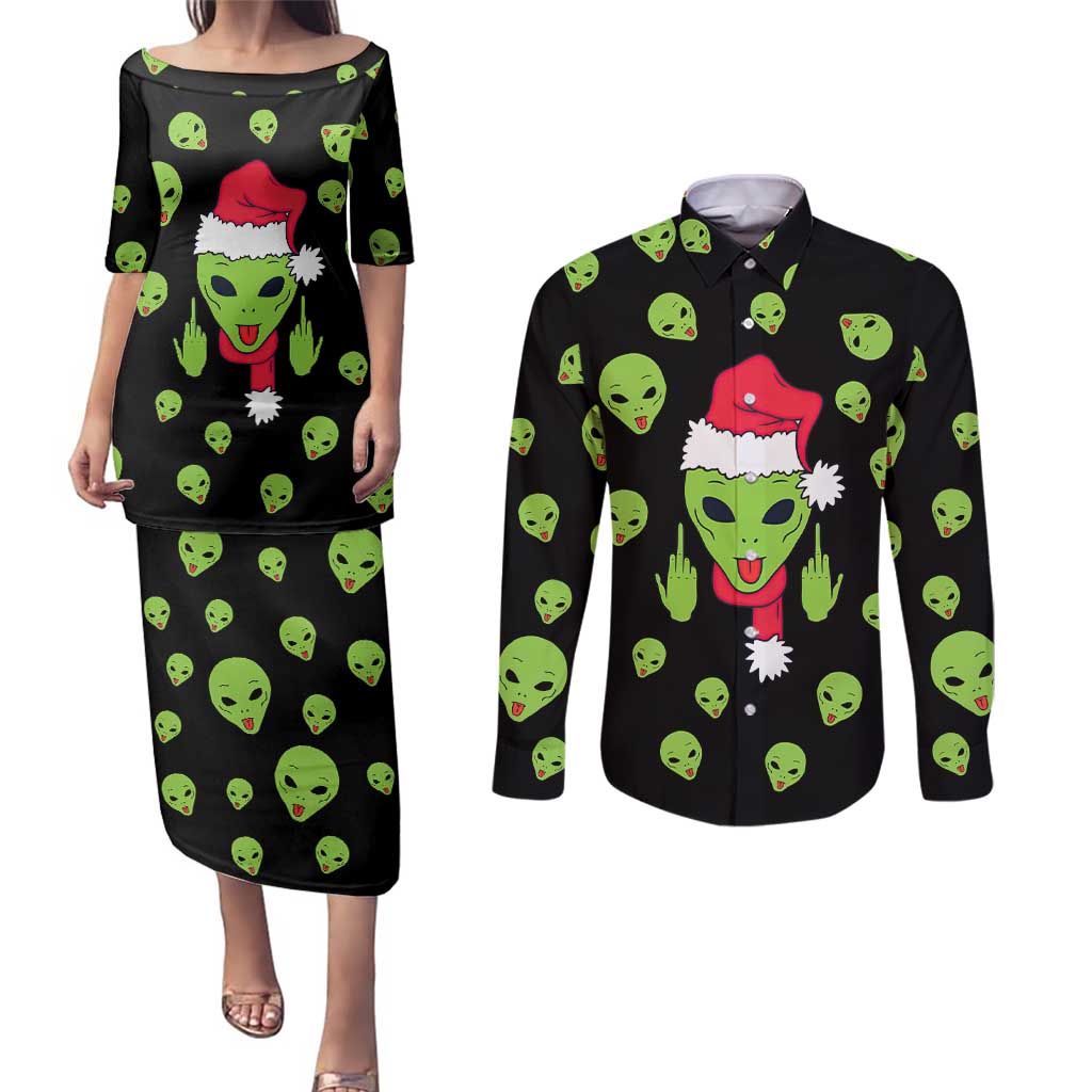 Alien Christmas Couples Matching Puletasi and Long Sleeve Button Shirt Xmas Holiday Patterns - Wonder Print Shop