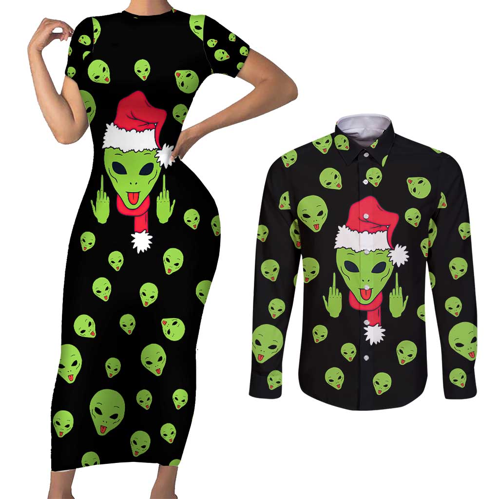 Alien Christmas Couples Matching Short Sleeve Bodycon Dress and Long Sleeve Button Shirt Xmas Holiday Patterns - Wonder Print Shop