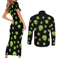 Alien Christmas Couples Matching Short Sleeve Bodycon Dress and Long Sleeve Button Shirt Xmas Holiday Patterns - Wonder Print Shop