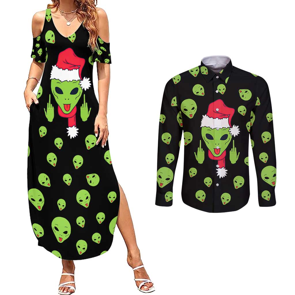 Alien Christmas Couples Matching Summer Maxi Dress and Long Sleeve Button Shirt Xmas Holiday Patterns - Wonder Print Shop