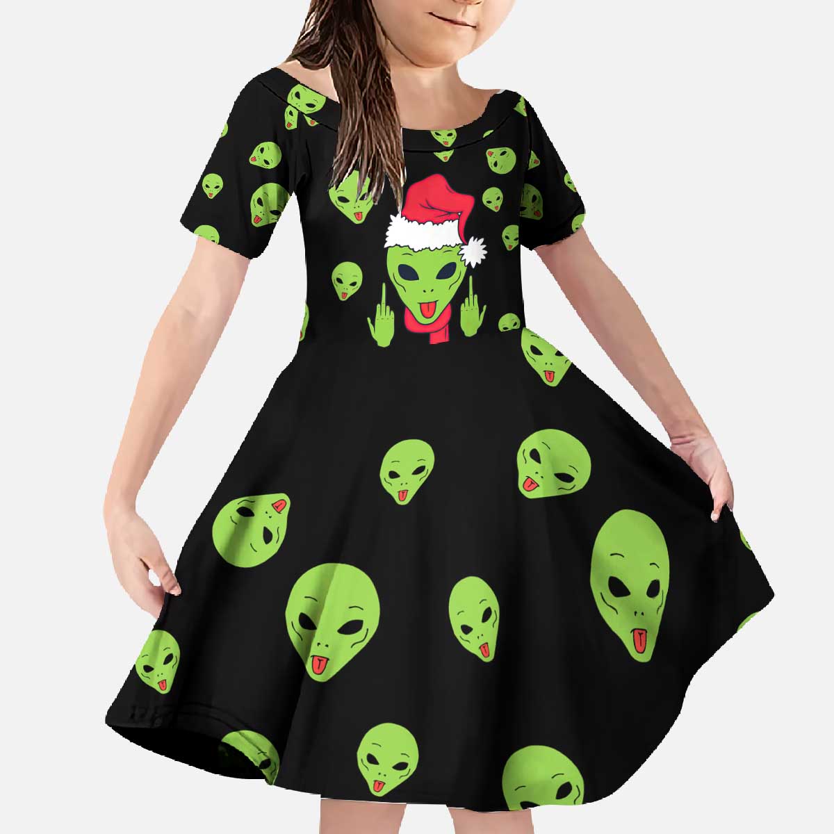 Alien Christmas Family Matching Off The Shoulder Long Sleeve Dress and Hawaiian Shirt Xmas Holiday Patterns - Wonder Print Shop
