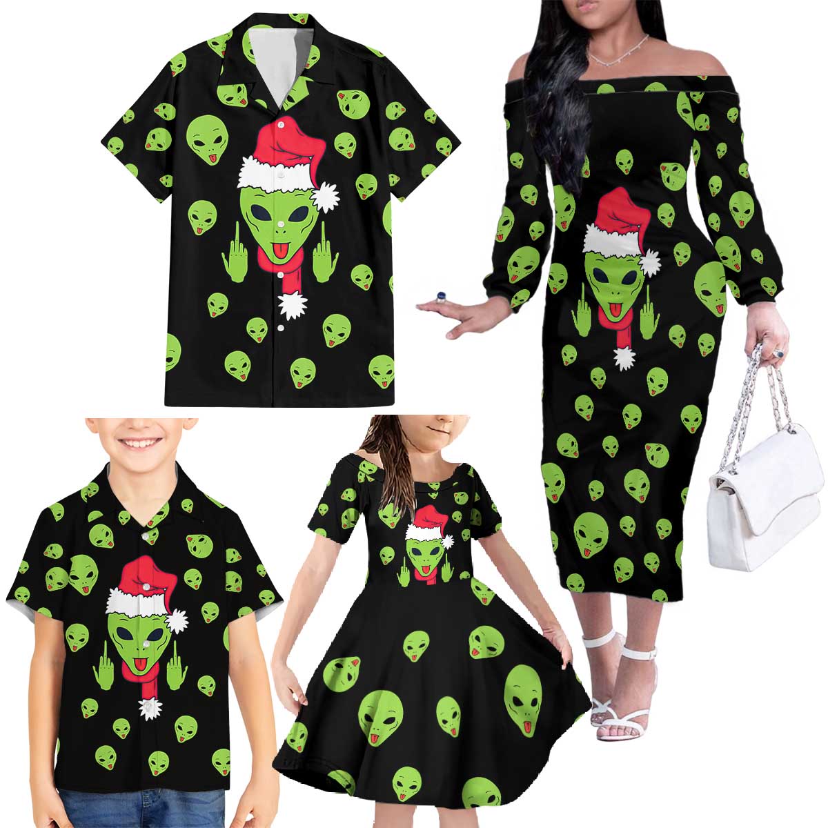 Alien Christmas Family Matching Off The Shoulder Long Sleeve Dress and Hawaiian Shirt Xmas Holiday Patterns - Wonder Print Shop