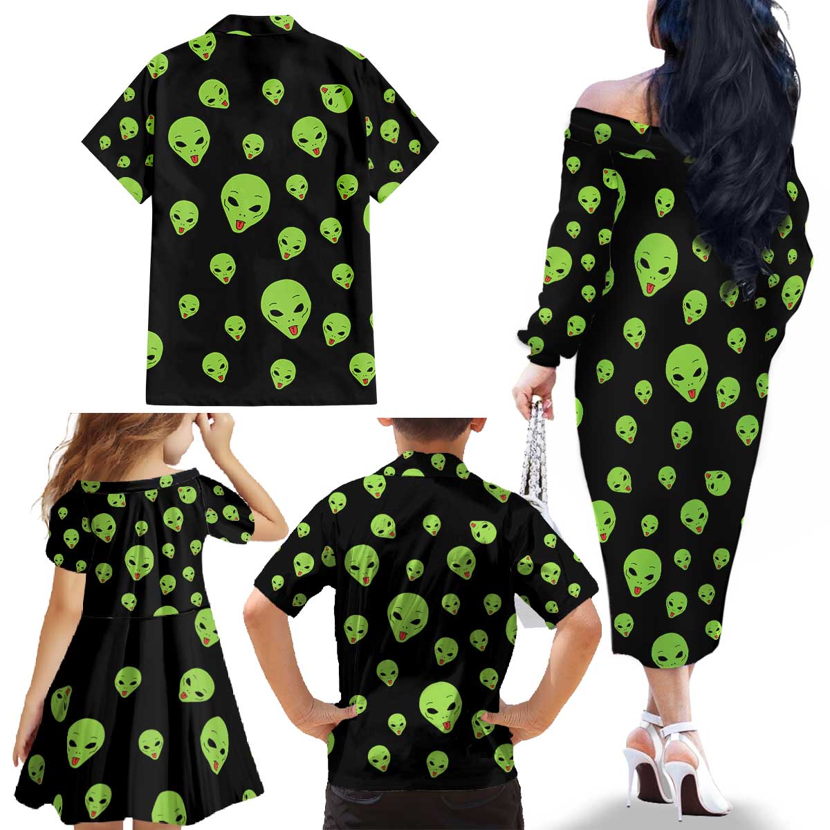 Alien Christmas Family Matching Off The Shoulder Long Sleeve Dress and Hawaiian Shirt Xmas Holiday Patterns - Wonder Print Shop
