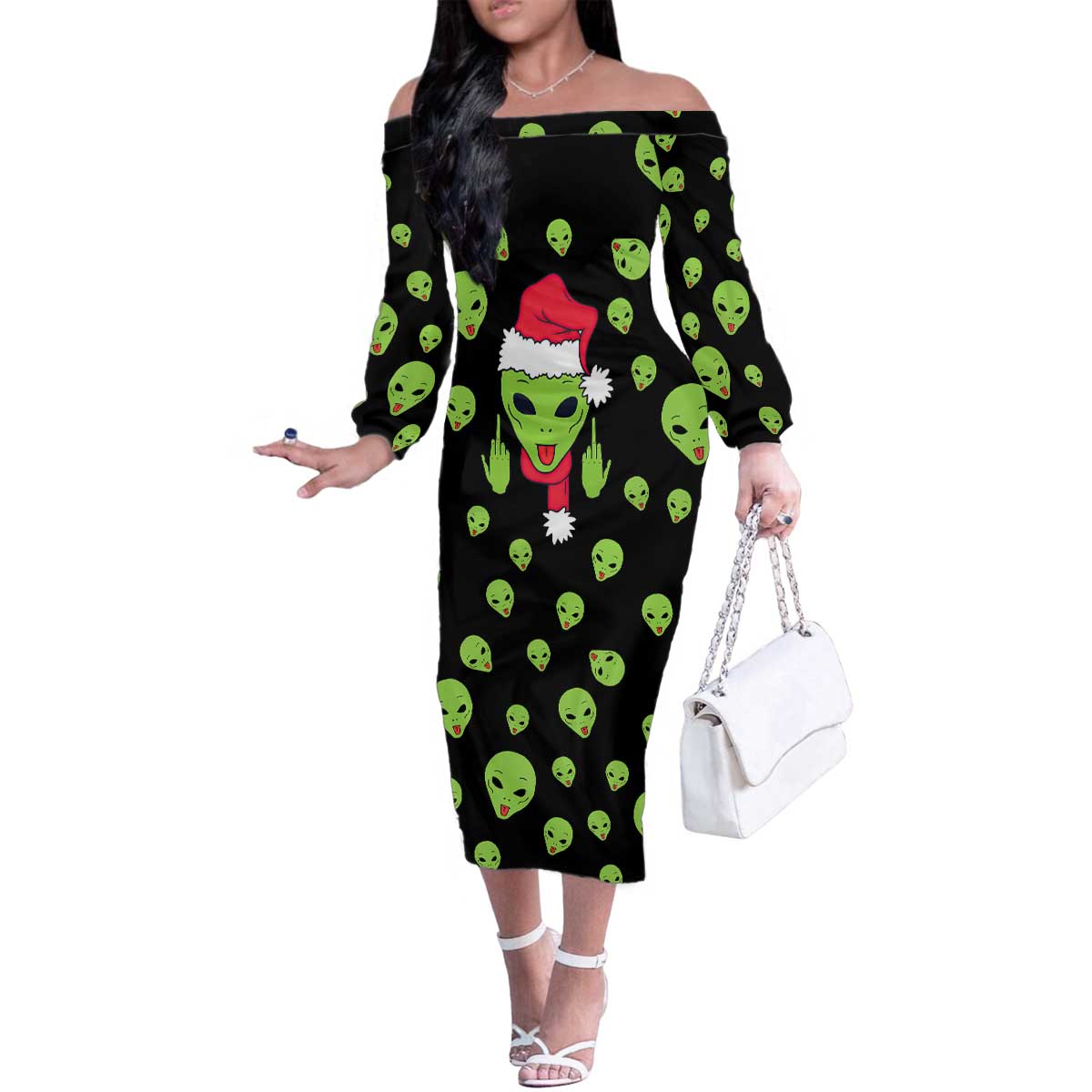 Alien Christmas Family Matching Off The Shoulder Long Sleeve Dress and Hawaiian Shirt Xmas Holiday Patterns - Wonder Print Shop