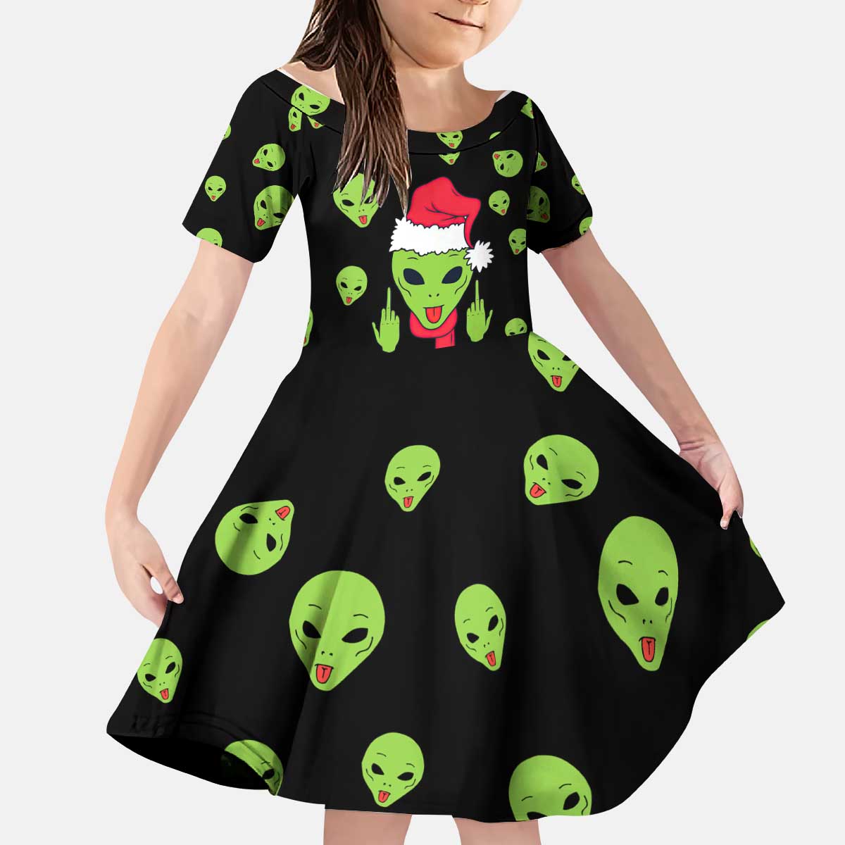 Alien Christmas Kid Short Sleeve Dress Xmas Holiday Patterns - Wonder Print Shop