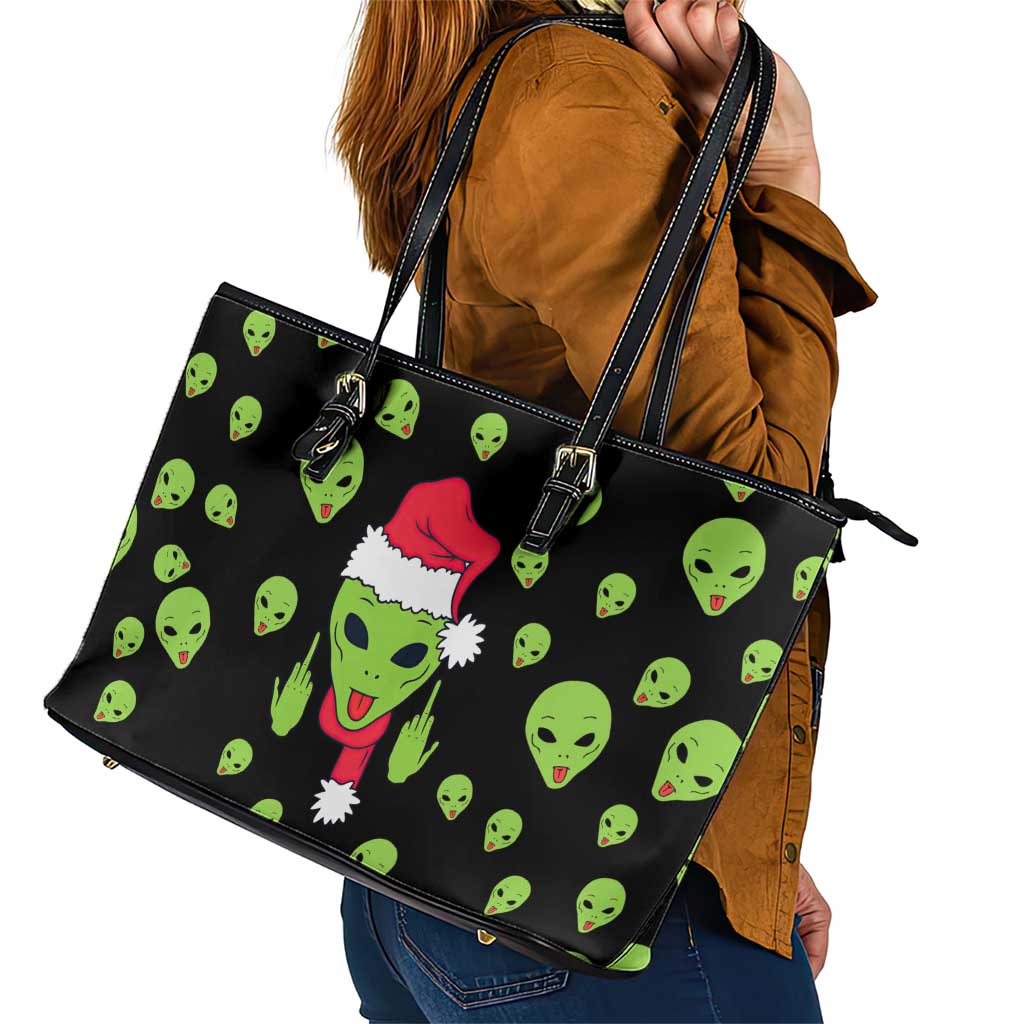 Alien Christmas Leather Tote Bag Xmas Holiday Patterns - Wonder Print Shop