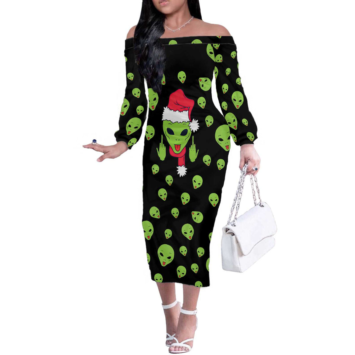 Alien Christmas Off The Shoulder Long Sleeve Dress Xmas Holiday Patterns - Wonder Print Shop