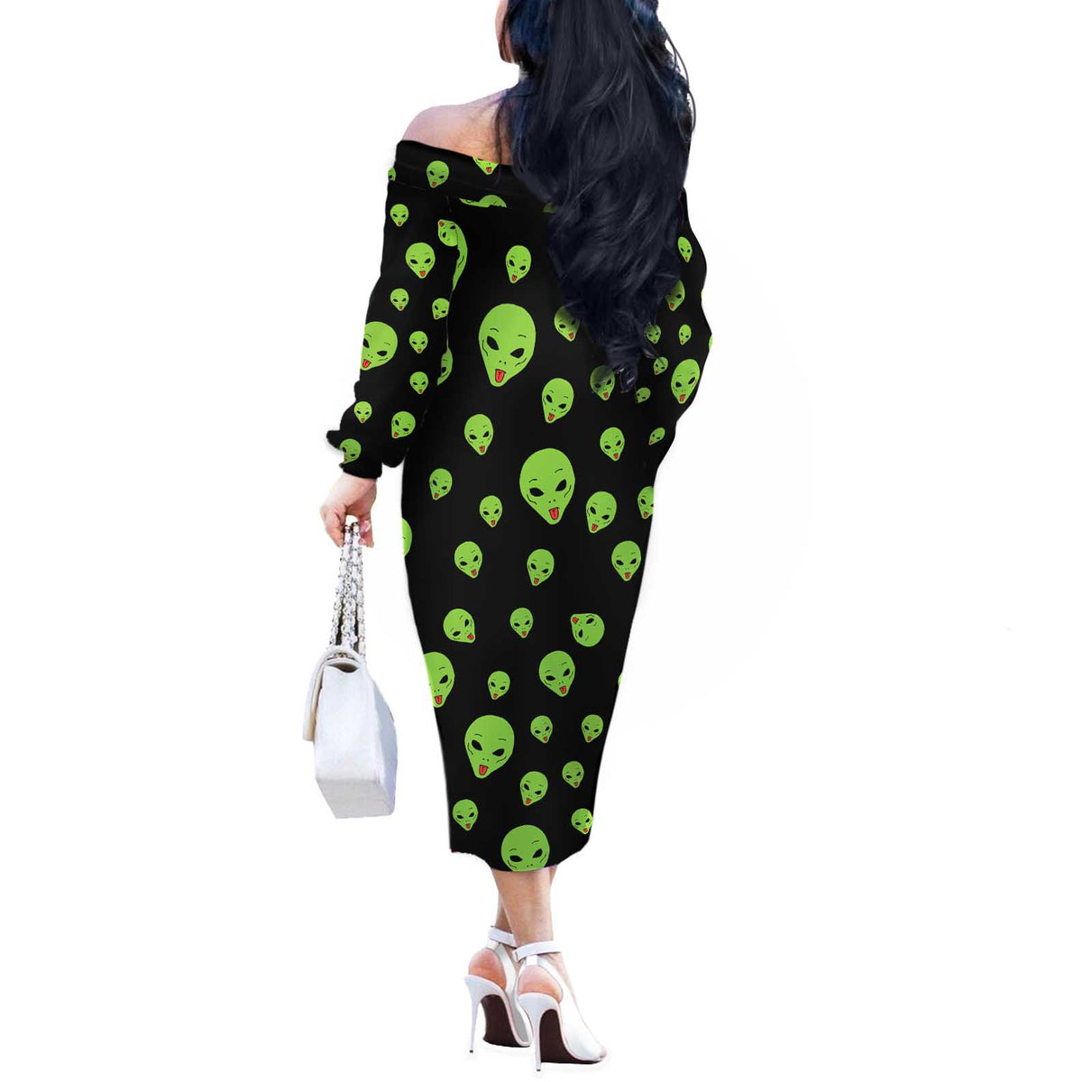 Alien Christmas Off The Shoulder Long Sleeve Dress Xmas Holiday Patterns - Wonder Print Shop