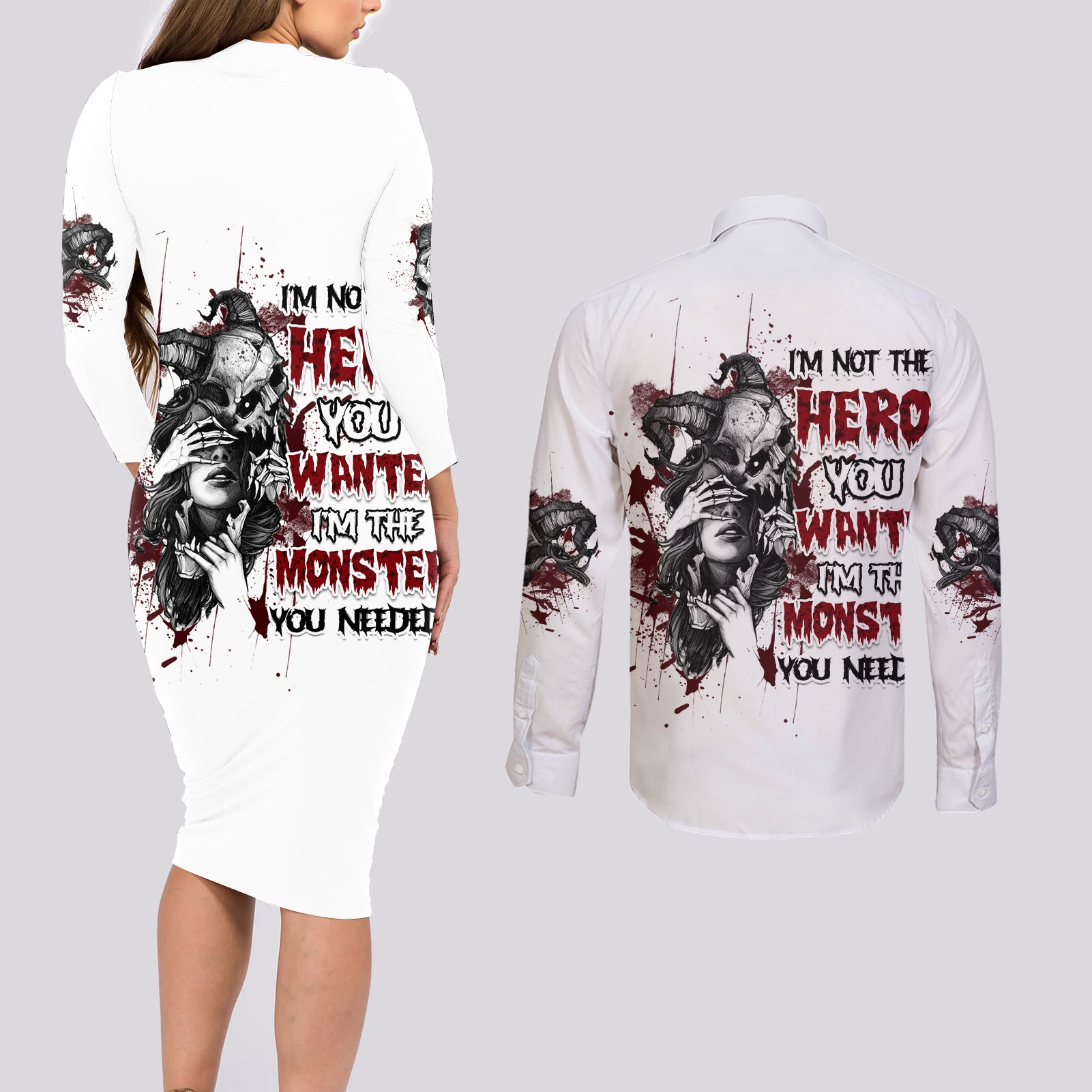I'm Not The Hero You Wanted Couples Matching Long Sleeve Bodycon Dress and Long Sleeve Button Shirt - Wonder Print Shop