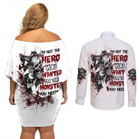 I'm Not The Hero You Wanted Couples Matching Off Shoulder Short Dress and Long Sleeve Button Shirt - Wonder Print Shop