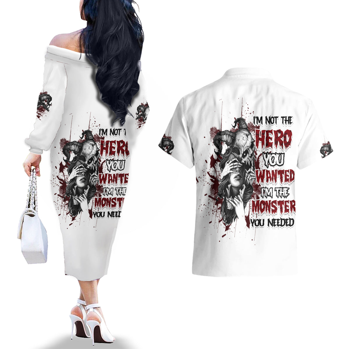 I'm Not The Hero You Wanted Couples Matching Off The Shoulder Long Sleeve Dress and Hawaiian Shirt - Wonder Print Shop