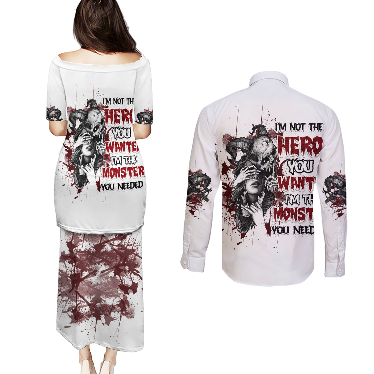 I'm Not The Hero You Wanted Couples Matching Puletasi Dress and Long Sleeve Button Shirt - Wonder Print Shop
