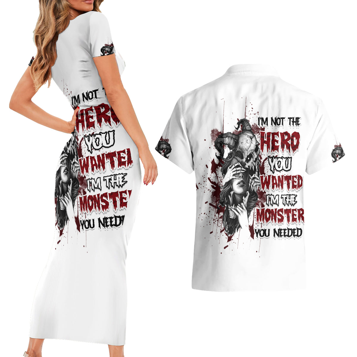I'm Not The Hero You Wanted Couples Matching Short Sleeve Bodycon Dress and Hawaiian Shirt - Wonder Print Shop