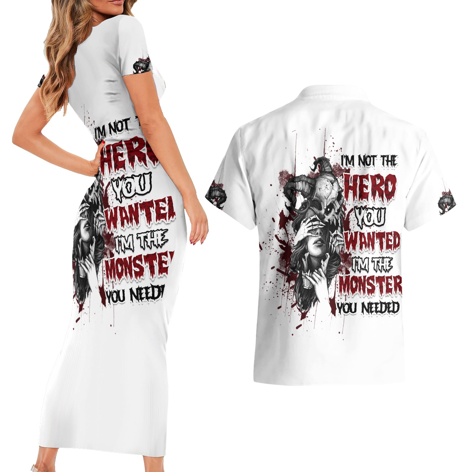 I'm Not The Hero You Wanted Couples Matching Short Sleeve Bodycon Dress and Hawaiian Shirt - Wonder Print Shop