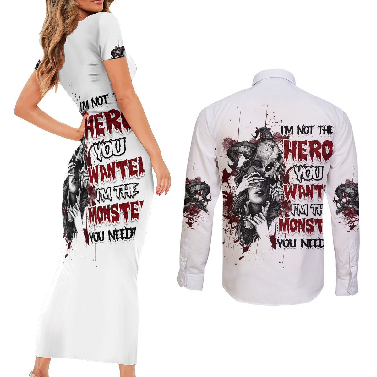 I'm Not The Hero You Wanted Couples Matching Short Sleeve Bodycon Dress and Long Sleeve Button Shirt - Wonder Print Shop