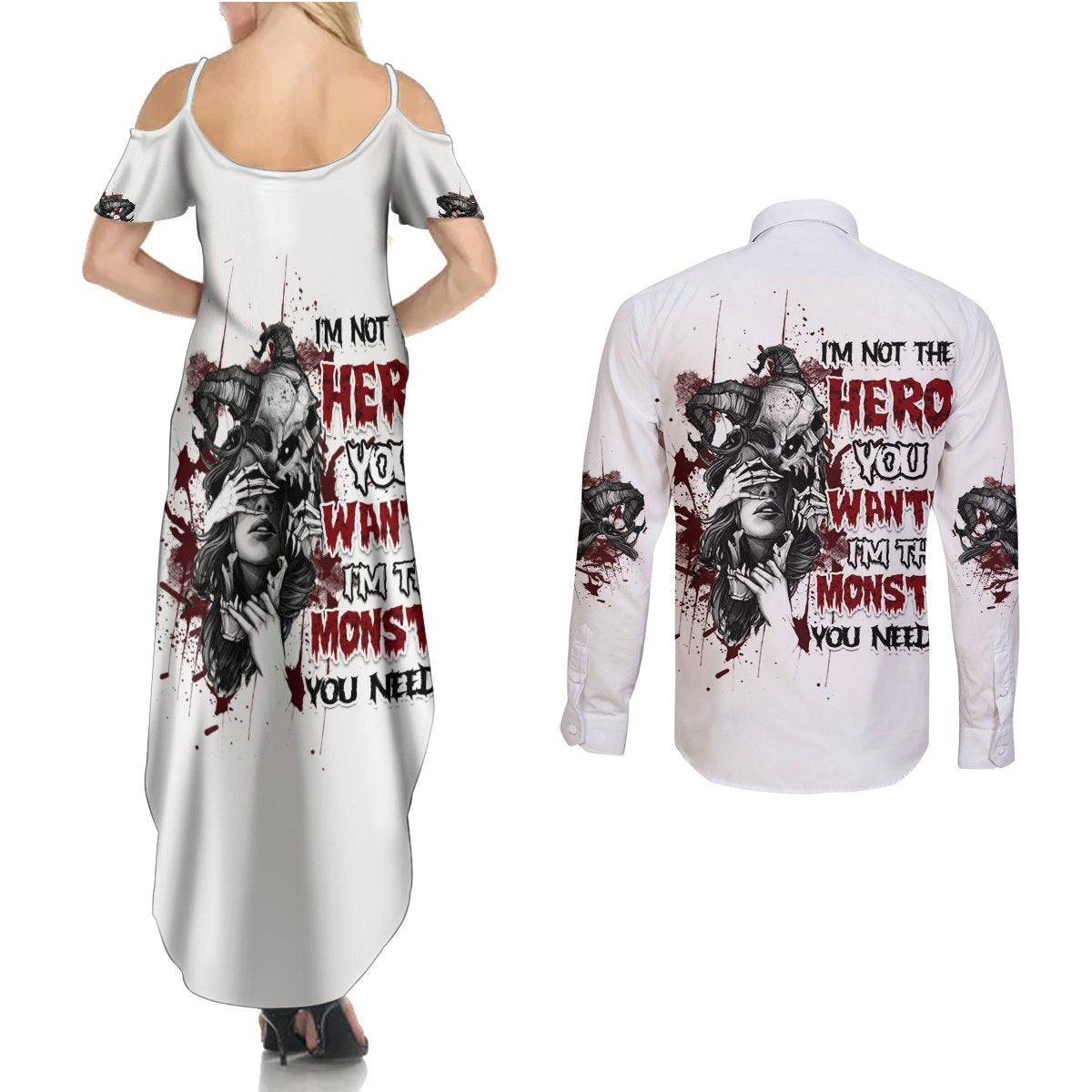 I'm Not The Hero You Wanted Couples Matching Summer Maxi Dress and Long Sleeve Button Shirt - Wonder Print Shop