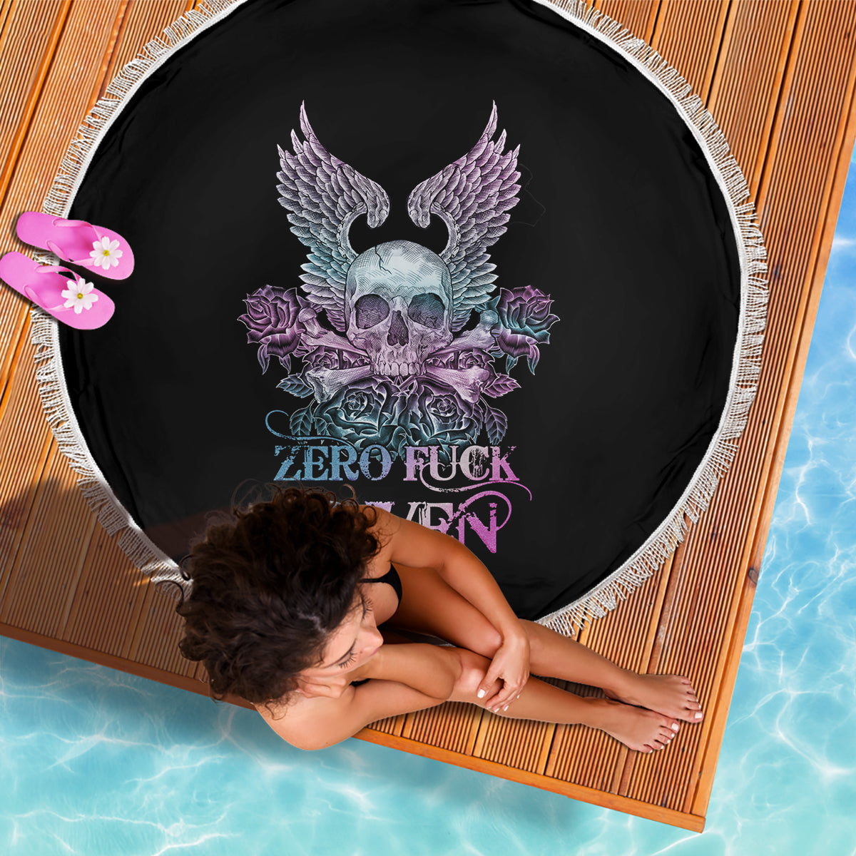 Skull Wings Roses - Zero Fuck Given Beach Blanket - Wonder Print Shop