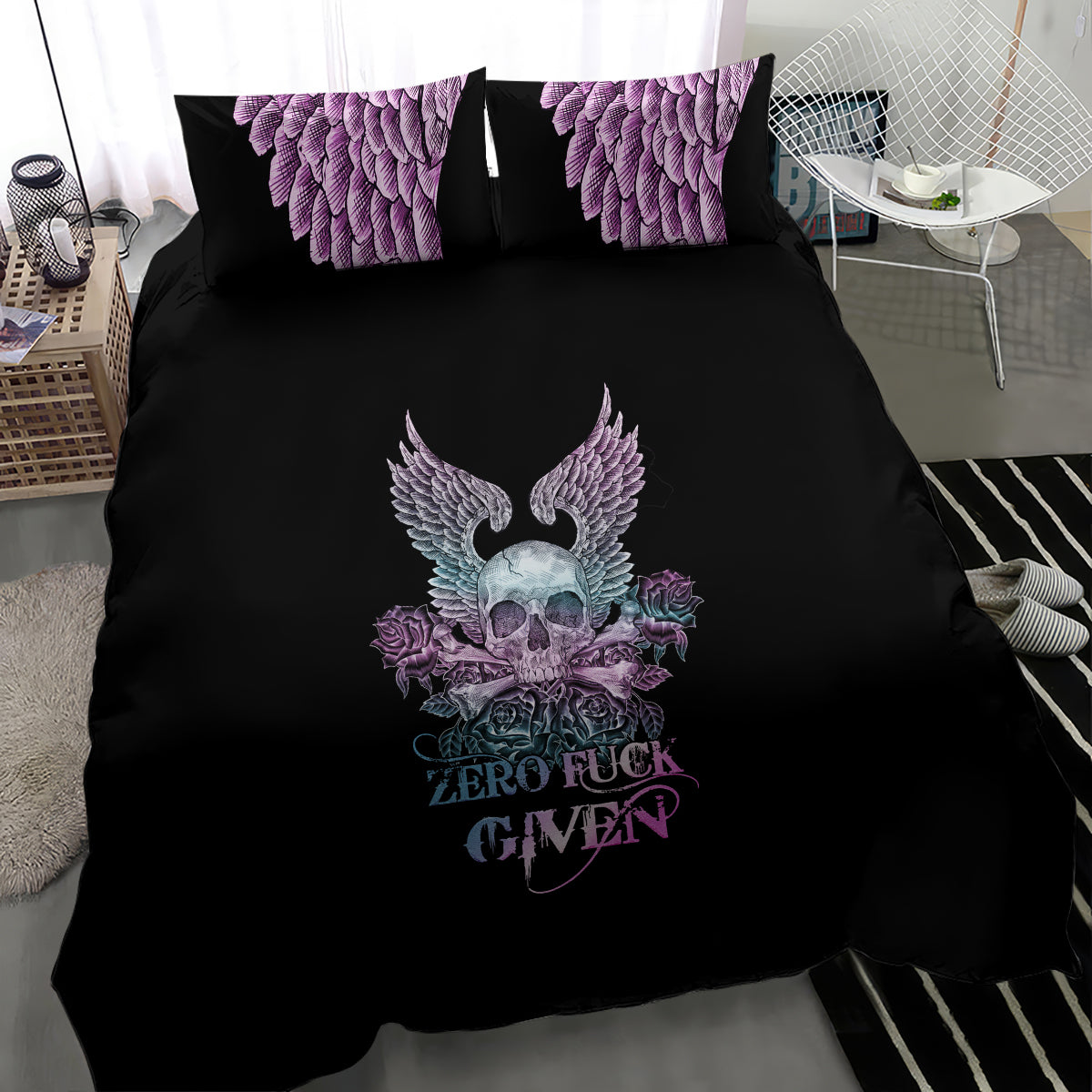 Skull Wings Roses - Zero Fuck Given Bedding Set - Wonder Print Shop