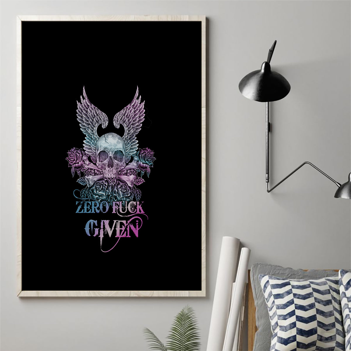 Skull Wings Roses - Zero Fuck Given Canvas Wall Art - Wonder Print Shop