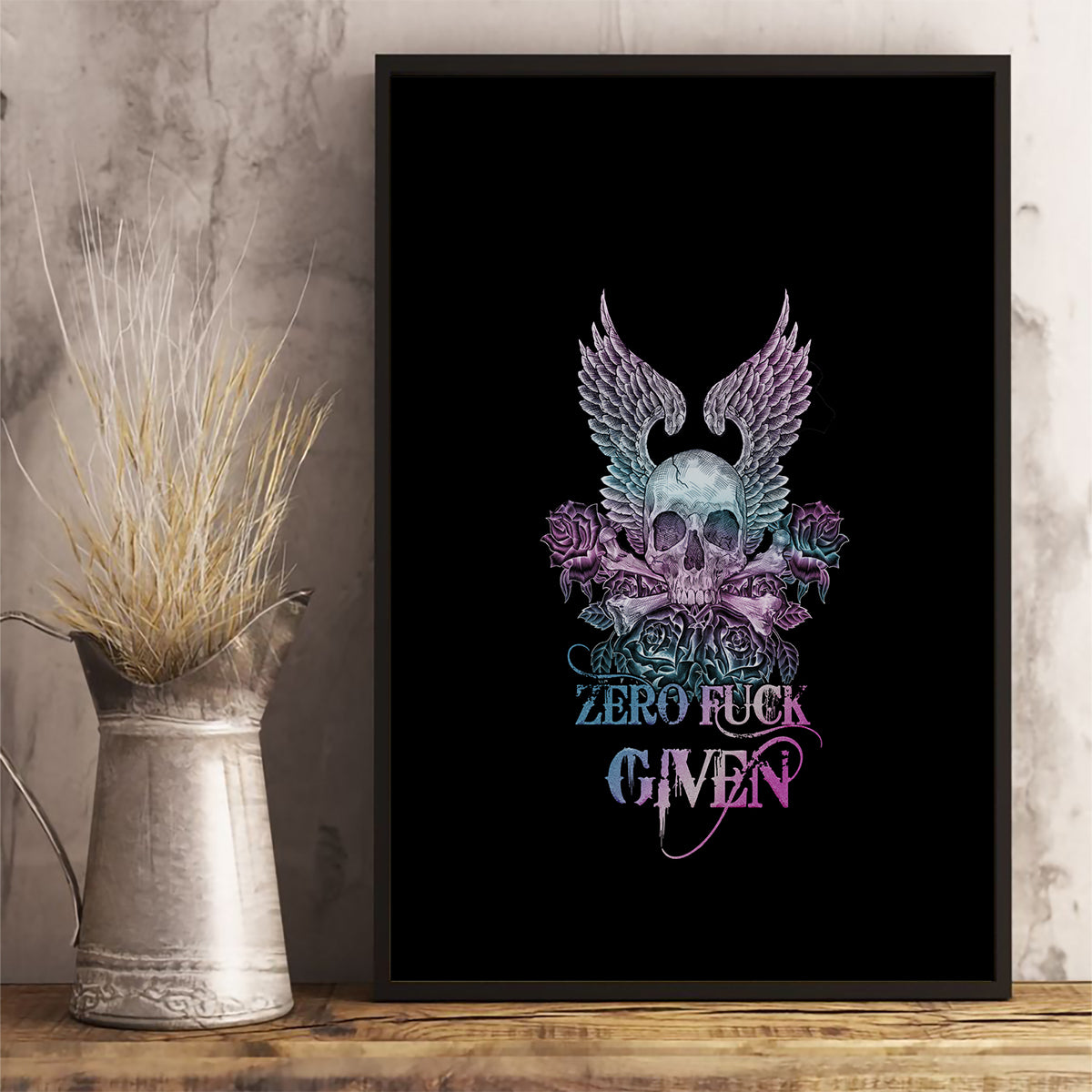 Skull Wings Roses - Zero Fuck Given Canvas Wall Art - Wonder Print Shop