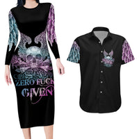 Skull Wings Roses - Zero Fuck Given Couples Matching Long Sleeve Bodycon Dress and Hawaiian Shirt - Wonder Print Shop