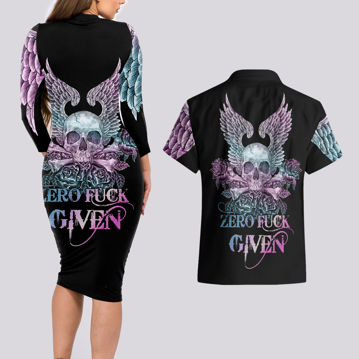 Skull Wings Roses - Zero Fuck Given Couples Matching Long Sleeve Bodycon Dress and Hawaiian Shirt - Wonder Print Shop